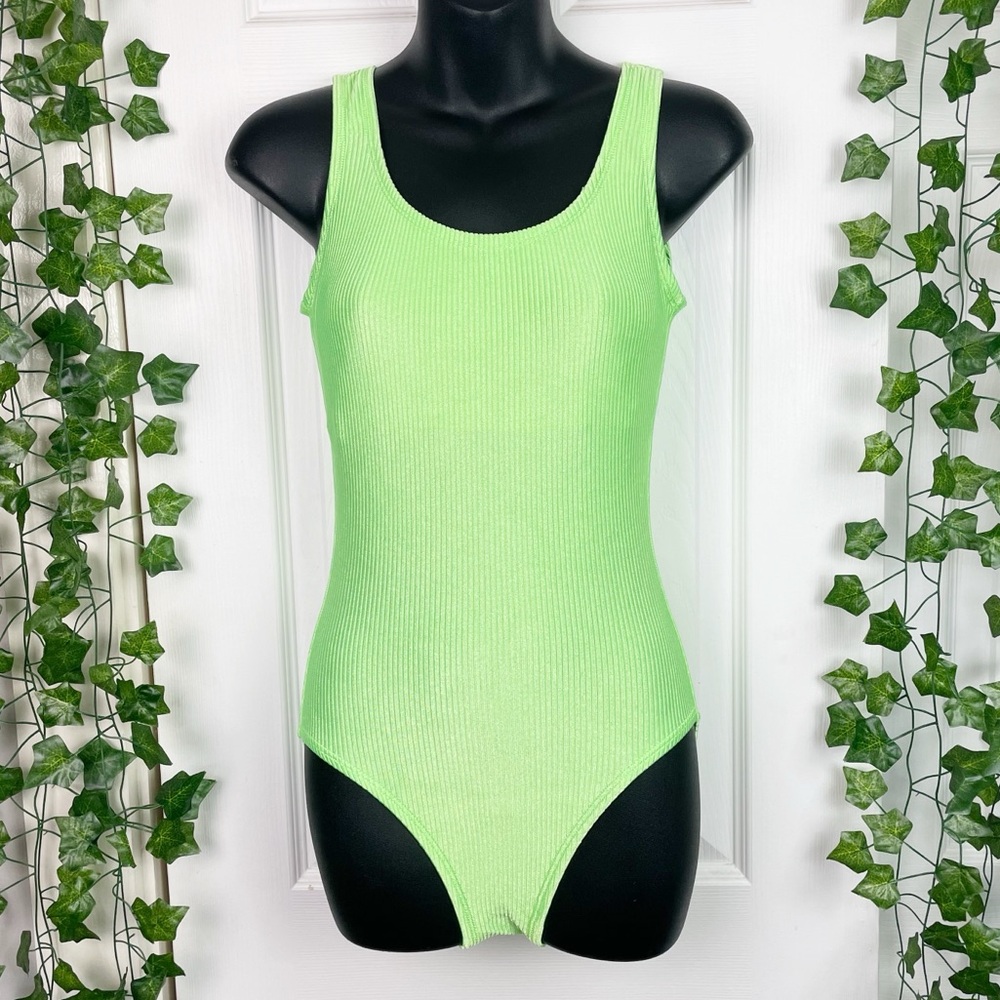 Vintage 80s Catalina Neon Lime Green Ribbed Textured One-Piece Swimsuit